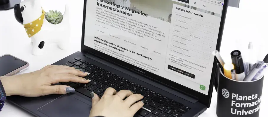Persona escribiendo en un portátil con la página de un programa universitario de marketing y negocios internacionales abierta; al lado hay un celular, una maceta con forma de perro y un portalápices con bolígrafos.