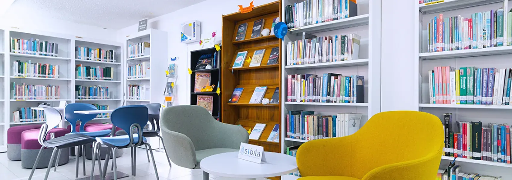 Estantes de libros a los lados y en el centro una silla y una mesa.